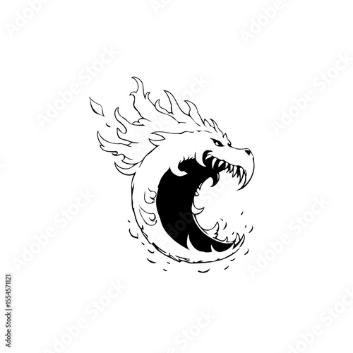 Fiery dragon head illustration with sharp teeth and blazing flames showcasing mythical creature design with fierce intensity