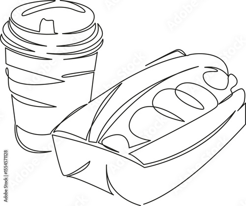 One continuous single drawing line art flat doodle lunch, meal, food, hot dog, bread, breakfast, food and drink, coffee. Isolated image hand draw contour on a white background, hand drawn, not AI