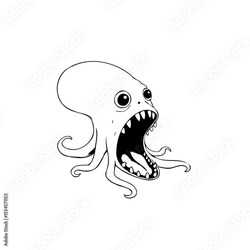 A whimsical monochrome octopus illustration featuring a wide open mouth full of sharp teeth creating a unique illustration