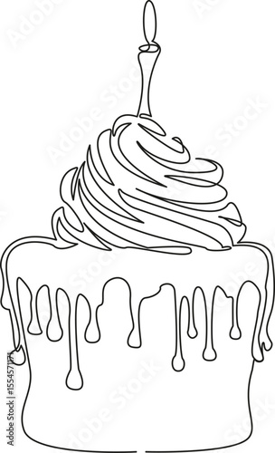 One continuous single drawing line art flat doodle cupcake, candle, birthday, icing, celebration, baked, cake, anniversary. Isolated image hand draw contour on a white background, hand drawn, not AI