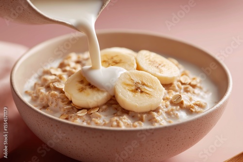 Food Styling of Creamy Oatmeal with Banana and Fresh Milk