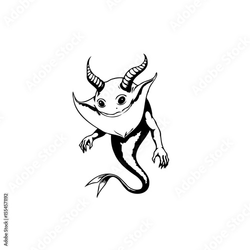 Whimsical horned creature in black and white illustration fantasy drawing character design mysterious element