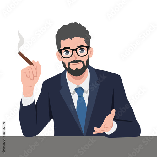 Confident Businessman with a Cigar. Flat Vector character illustration