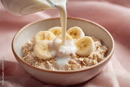 Food Styling of Creamy Oatmeal with Banana and Fresh Milk