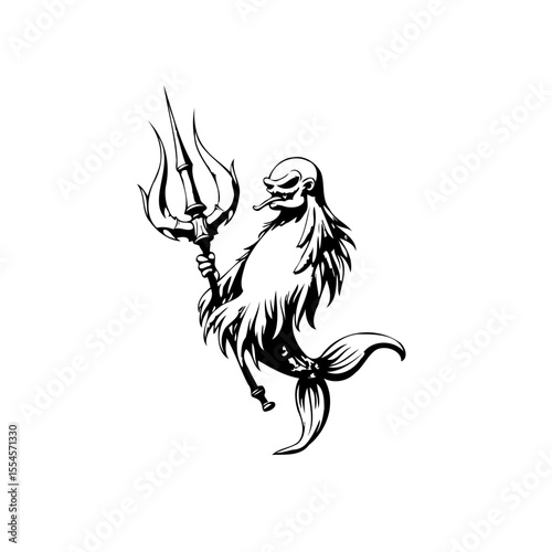 Creepy merman skeleton holding trident isolated on white background perfect design for a t-shirt or poster
