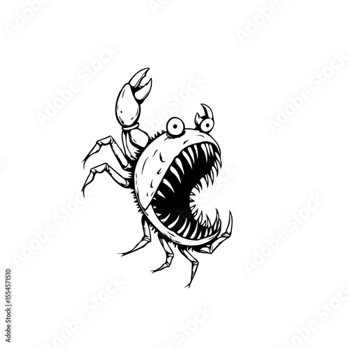 A whimsical and slightly spooky cartoon crab illustration with exaggerated features and sharp teeth design in black and white