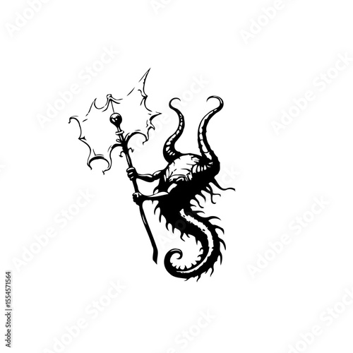 Dark fantasy creature wielding ancient staff black ink illustration mythical horror monster drawing artwork evil forces