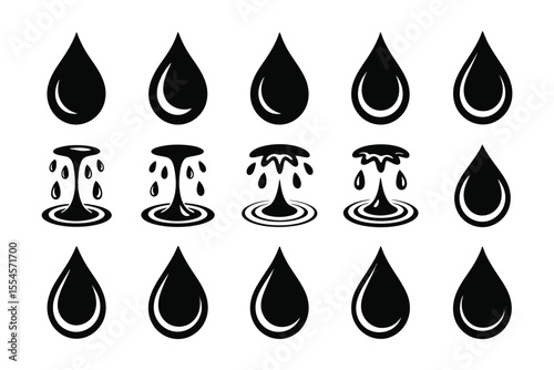 Black and white vector collection of water drops with splash effects and unique designs

