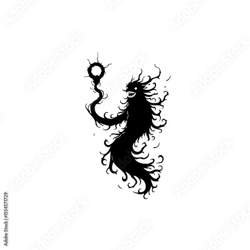 A shadowy monstrous figure holding a ring, fantasy creature in monochrome silhouette and ethereal presence