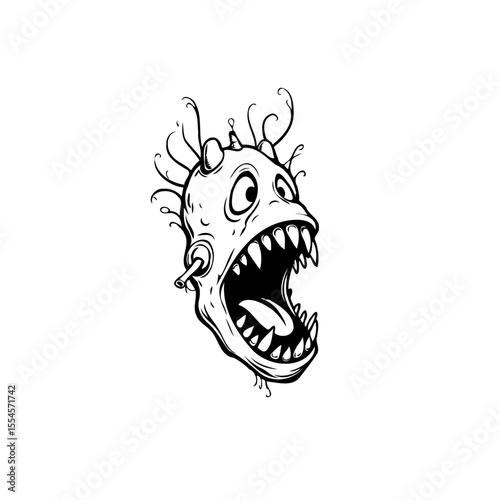 Cartoon grotesque head illustration featuring screaming open mouth showcasing jagged teeth drawing style with graphic