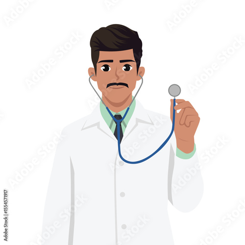 Doctor wearing a white coat and holding a stethoscope, professionalism and care in healthcare. Flat Vector character illustration