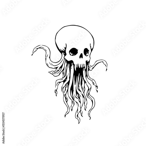 Intricate skull with octopus tentacles art, creating an eerie and surreal sea creature illustration