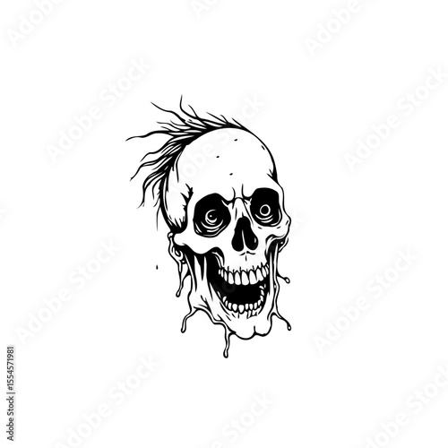 Creepy halloween human skull with crazy hair and spooky grinning isolated on white background for decoration or graphic design