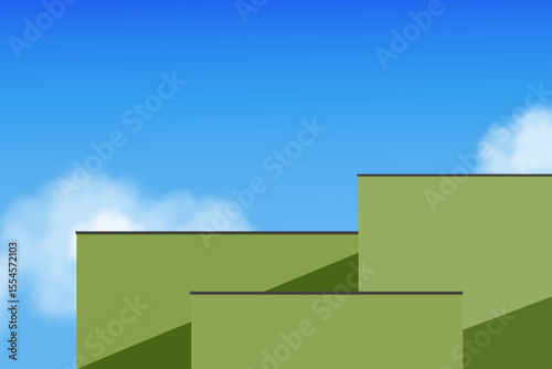 Building architecture on blue sky background,Modern concrete structure in abstract geometric shapes of green wall against sky,cloud.Vector Minimal design architectural construction of angular lines