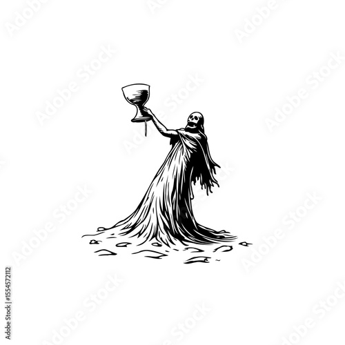 Grim reaper illustration presenting a chalice with eerie elegance in a macabre celebration of life's end