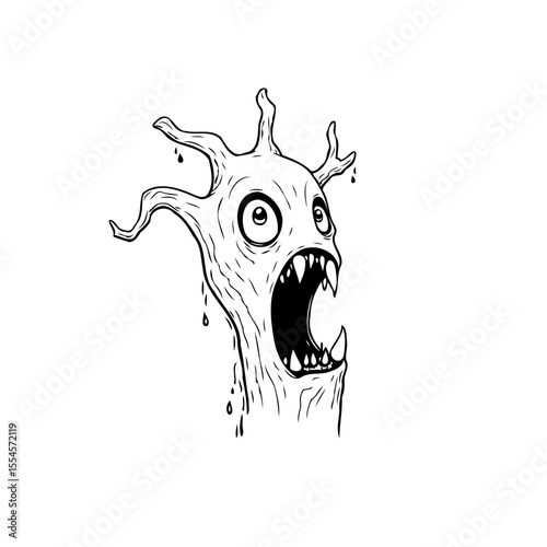 Spooky cartoon creature head with sharp teeth and wide eyes in black and white drawing illustration