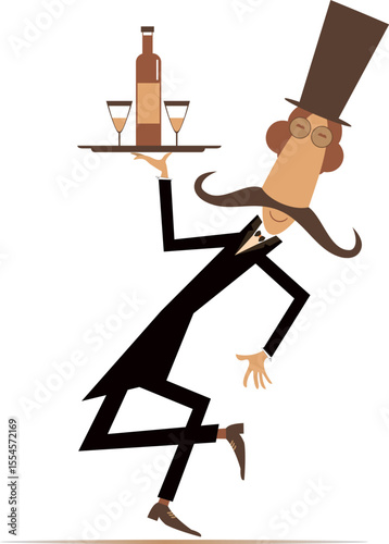 Funny man carries a tray with a bottle and two glasses. Long mustache in the top hat carries a tray with alcohol drink and glasses
