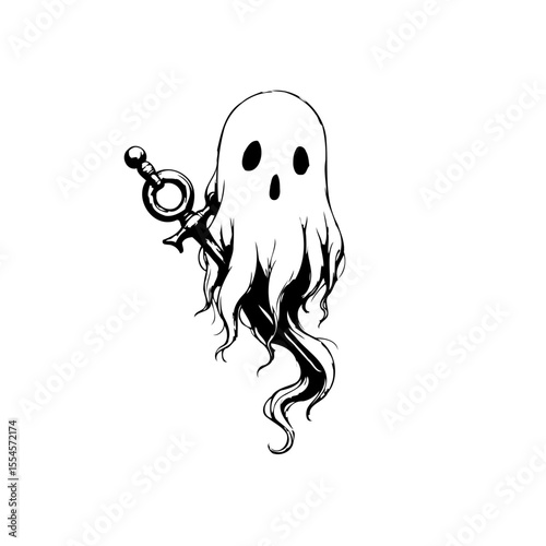 A whimsical illustration of a ghost holding a key symbolizing secrets or mysteries explored through the supernatural