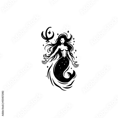Mystical Mermaid Silhouette Embracing the Night Sky and Sea Magic, A Captivating Dark Fantasy Illustration