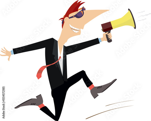 Running man with megaphone. News. Advertisement. Cartoon man runs with megaphone and makes announcement