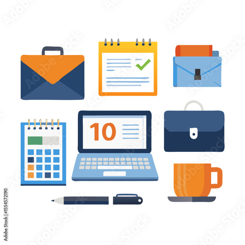 Office Productivity Vector Icon Set – 10 Colorful Icons Including Laptop, Document, Briefcase, Pen, and Calendar for Workplace UI and Business Apps	