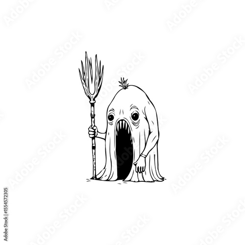 Eerie and Whimsical Halloween Character Illustration, Depicting a Ghost Holding a Spooky Trident Spear