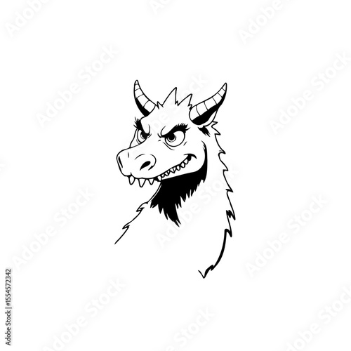 Intricate monochrome sketch of a fantastical dragon with horns and sharp teeth head and neck illustration