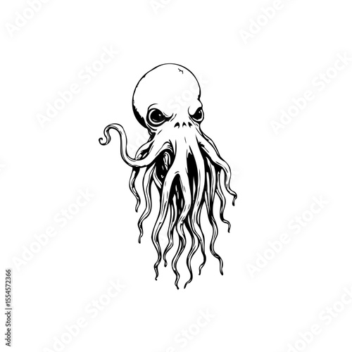 Black and white octopus illustration features eerie eyes, tentacles on a stark white backdrop, capturing marine life
