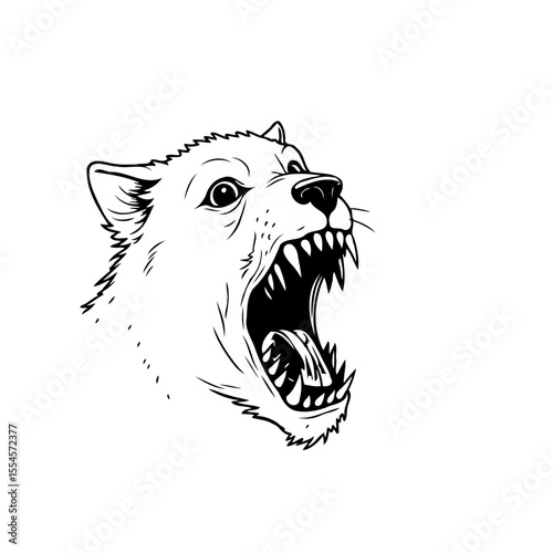 Ferocious canine illustration showcasing aggression and teeth in black and white vector format ready to bite