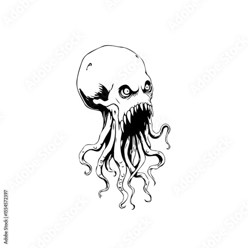Creepy skull octopus monster vector illustration evoking a sense of dread and dark fantasy imagery suitable for Halloween