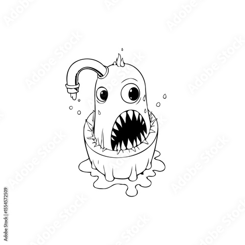 Whimsical Cartoon Monster in Bathtub with Faucet Head, A Quirky Illustration for Children's Coloring Books