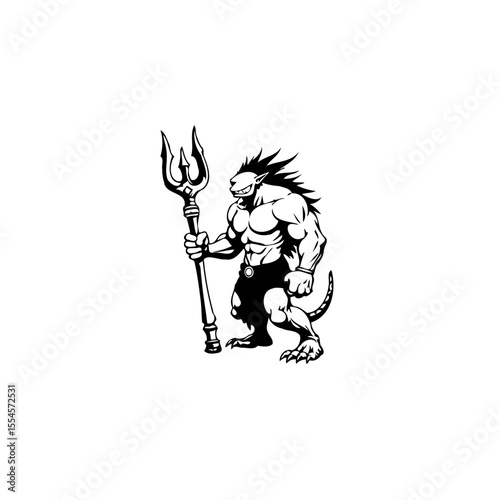 Silhouette of formidable muscular minotaur warrior holding trident symbolizes strength power and mythical underworld character