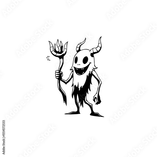 Whimsical halloween monster illustration with pitchfork bringing eerie charm with playful darkness and spooky celebration for kids design