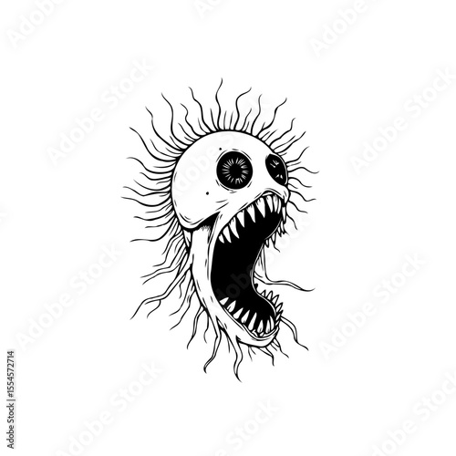 Creepy halloween monster screaming with sharp teeth illustration spooky character design and white background