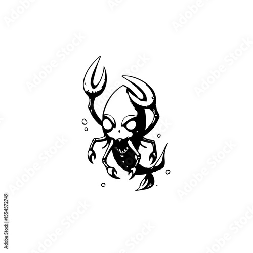 Whimsical aquatic creature in black and white illustration with a playful and imaginative design