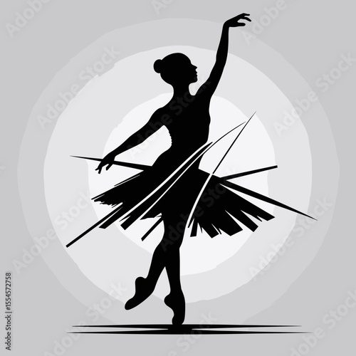 Stylized ballerina silhouette in black on grey background for design concept