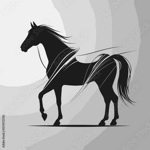 Stylized horse silhouette with flowing mane in black on grey background for design concept