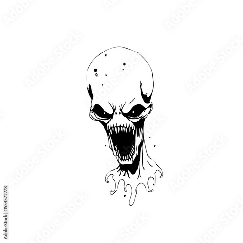 Creepy black and white alien skull illustration showcasing a frightening extraterrestrial creature with sharp teeth and menacing eyes