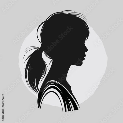 Stylized young woman silhouette in profile with ponytail in black on grey background for design concept