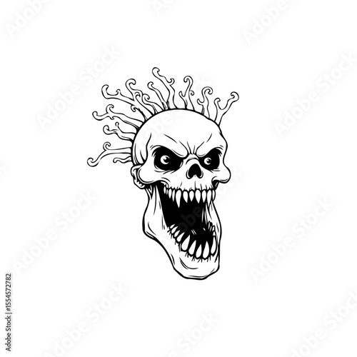 Intricate skull illustration showcasing a punk rock spirit with spiky hair and edgy character creation