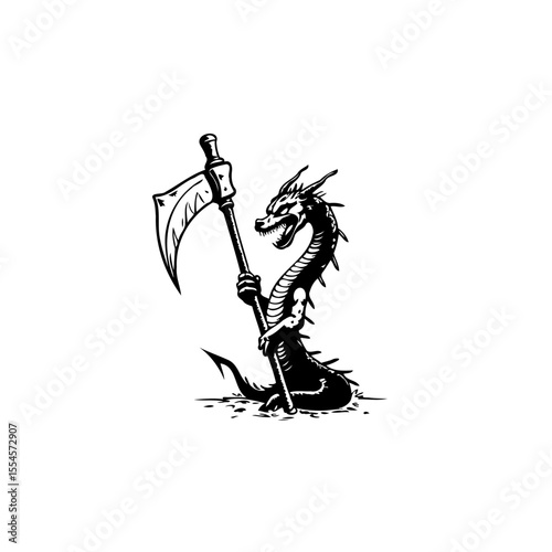 Monochrome dragon wielding a scythe illustration evokes fantasy mythology with creature holding weapon in monochrome artwork