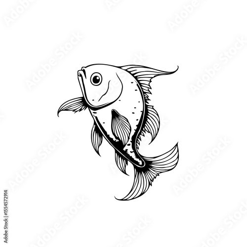 Illustration of a simple fish outline with detailed fins and scales perfect for coloring pages or nautical themed designs