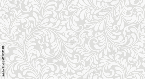 Seamless elegant ornate white floral pattern background with intricate swirling organic elements on light grey versatile decorative design for textiles wallpaper paper print