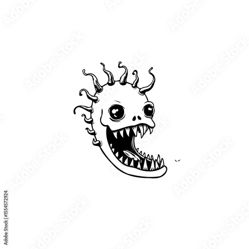 Cartoonish monster illustration with spiky hair and sharp teeth against a plain white background to look scary