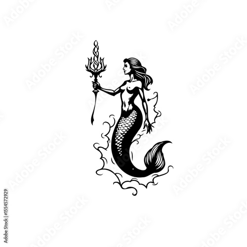 Enchanting mermaid with flowing hair holding a trident in a mystical underwater realm illustration