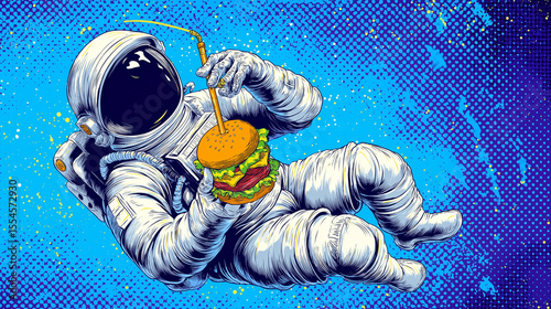 Floating Astronaut Holding Burger in Space Illustration