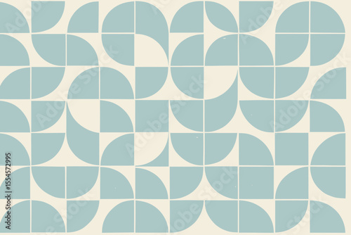 Seamless geometric pattern with repeating abstract shapes composed of quarter circles and squares creating a retro modern design on a light background perfect for decorative