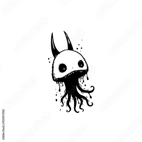 Spooky creature with tentacles and horns black and white illustration of a whimsical monster ink drawing