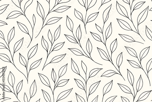 Elegant botanical hand drawn seamless pattern minimal black outline leaves light background perfect for textile wallpaper packaging wrapping paper surface decoration branding