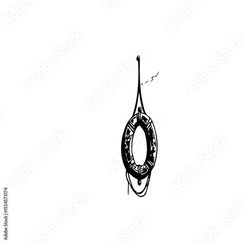 Nautical safety marine lifebuoy graphic lifeline equipment for assistance black and white vector illustration symbolizing security in ocean environment
